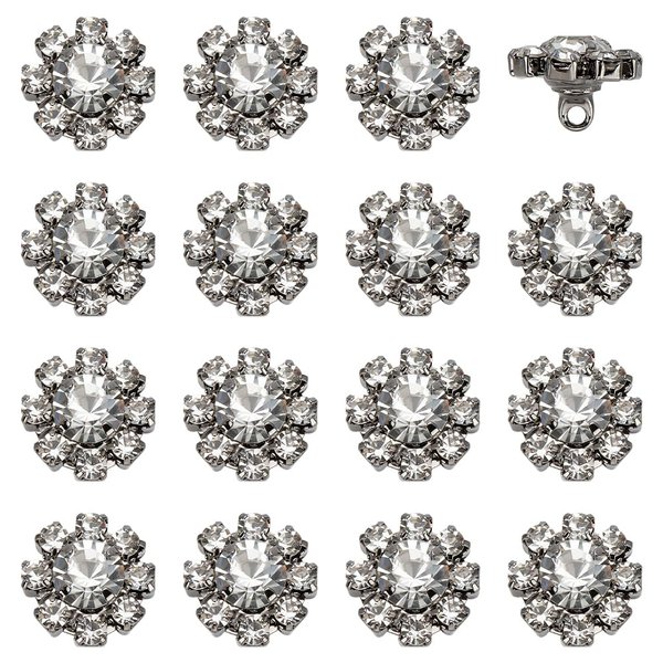 FINGERINSPIRE 16 PCS Rhinestone Brass Shank Buttons 11mm in Diameter Decorative Crystal Rhinestone Buttons Reusable Gunmetal Brass Flower Shape Embellishment for Sewing DIY Crafts Clothes Decoration