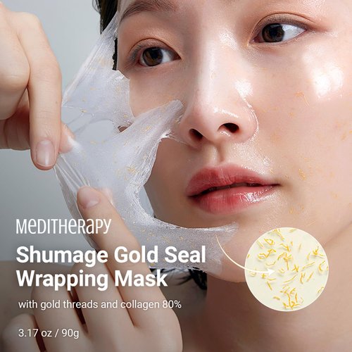 MEDITHERAPY Shumage Gold Seal Wrapping Mask (3.17 oz), Overnight Peel Off Mask with Gold Threads & 82.5% Collagen, Reviatlizing, Tightening, Korean Skin Care