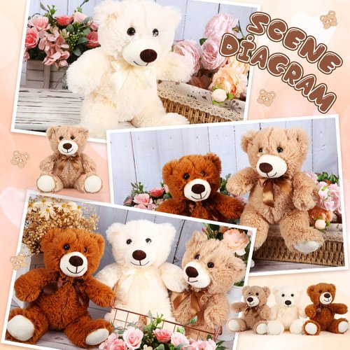 HyDren 6 Pcs Bears Bulk Stuffed Animal Small Bears Baby Shower Bears Plush Toys Employee Appreciation Easter Graduation Gifts(White, Brown, Beige, Long Plush)