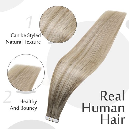 Full Shine Balayage Tape in Extensions Color 19/8/60 Grey And Blonde Tape in Hair Extensions Human Hair 16 Inch Straight Natural Hair Extensions 50 Gram 20 Pcs Double Sided Tape in Hair