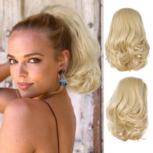 Stamped Glorious Ponytail Extension 10" Drawstring Ponytail Extension for Women Clip in Pony Tails Hair Extensions Curly Wavy Synthetic Hairpiece for Daily Party Use(10 Inch Blonde)