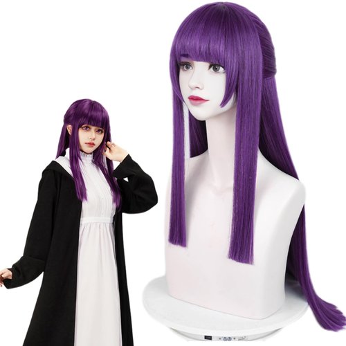 Aicos Long Straight Purple Cosplay Wig with Bangs for Women Cosplay Fern+ Wig Cap