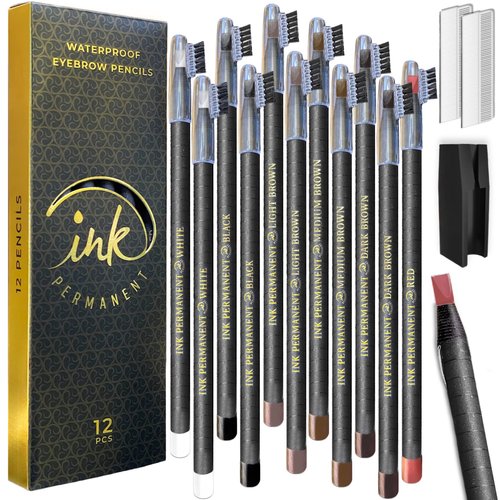 Ink Permanent Waterproof Eyebrow Mapping Pencils for Permanent Makeup, Microblading, and Blades Henna Applications 12 Piece Brow Mapping Peel Off Pencil Set with Shaper/Sharpener (Mix)