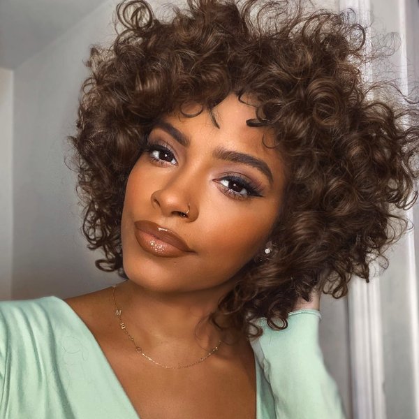 Quick Wig Human Hair Wigs Short Curly Bob Wig for Black Women None Lace Big Curly Wig with Bangs Pixie Cut African American Wigs (M2/30#)