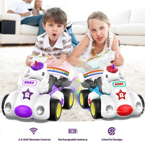 imagifun Remote Control Car for Toddler, 2 Pack Radio Control Cartoon Toys for Kids, 2.4 GHz Rechargeable RC Cars for Toddler,Toys for Ages 3+, RC Cars with LED Lights & Music, Yard Games, for Girl