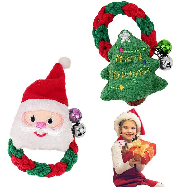 2pcs Christmas Hair Ties for Girls, Santa Claus Hair Ties Christmas Tree Hair Bands Red Green Ponytail Holder Elastic Braided Hair Ropes Christmas Hair Accessories for Girls