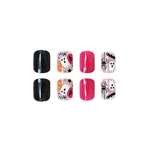 Short Square Press on Nails Halloween Fake Nails Glossy False Nails Pink Black Acrylic Nails Ghost Spider Artificial Nails Full Cover Star Bat Stick on Nails Cute Glue on Nails for Women Manicure