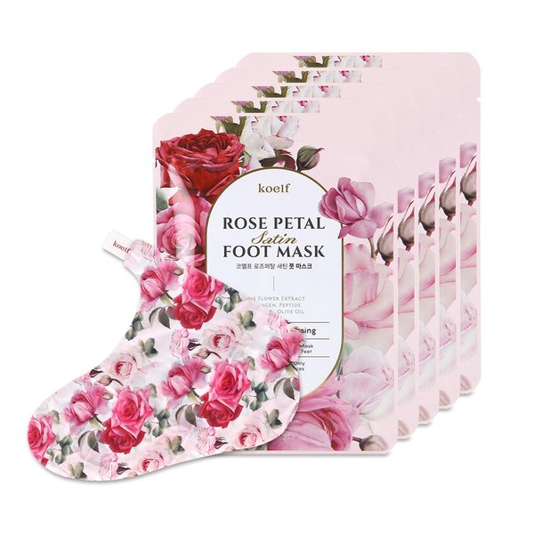 koelf PETITFEE Rose Petal Satin Foot Mask (5pairs) - Intensive Nourishing Socks, Rose Scented Foot Repair Masks with Peptide, Collagen, Shea Butter, Urea for Silky Smooth Feet, Foot Treatment