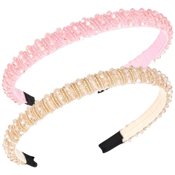 Jaciya Rhinestone Headband Crystal Beaded Headbands for Women Sparkly Fashion Head Band Girls Hair Accessories-Pink/Champagne
