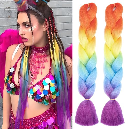 BASEMMAHER Rainbow Braiding Hair Extensions for Women Girls Ombre Jumbo Stretched Box Braids Colorful Rainbow Twist Braiding High Temperature Synthetic Crochet Braiding Braids Hair 24 Inch 2 Packs