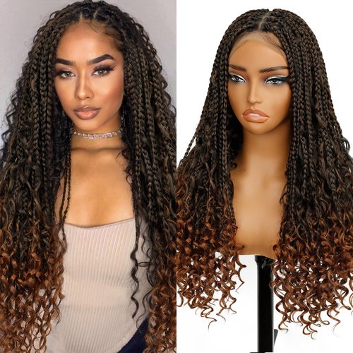 Nnzes Braided Wigs for Women, Black to Brown Boho Box Braid Lace Front Wigs Blended Full Double Lace Wig with Baby Hair, Long Curly Ends Messy Synthetic Wig Heat Resistant Wigs