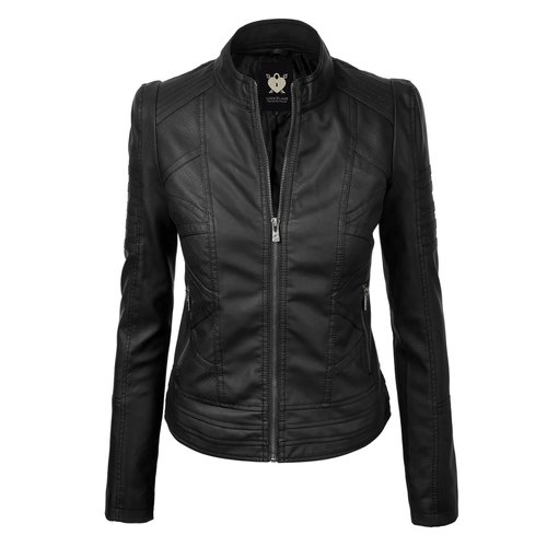 Lock and Love LL WJC746 Womens Vegan Leather Motorcycle Jacket L BLACK