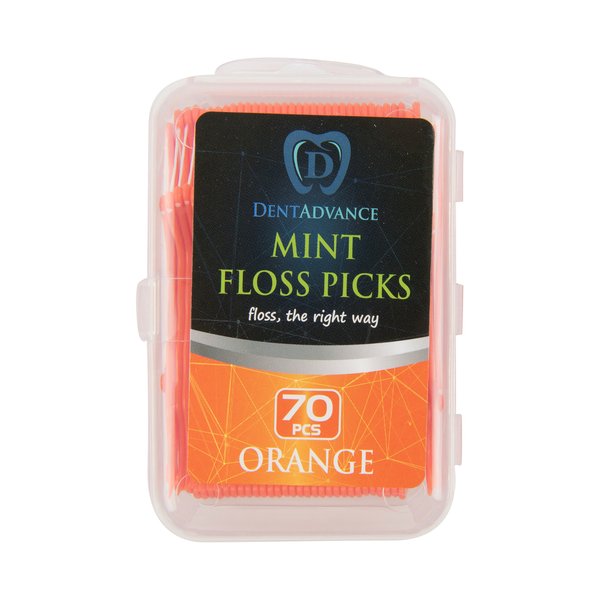 DentAdvance Mint Dental Floss Picks - Easy Reach Back Teeth | Tooth Flossers |Orange, Mint Flavored, 70 ct, w/Travel Case