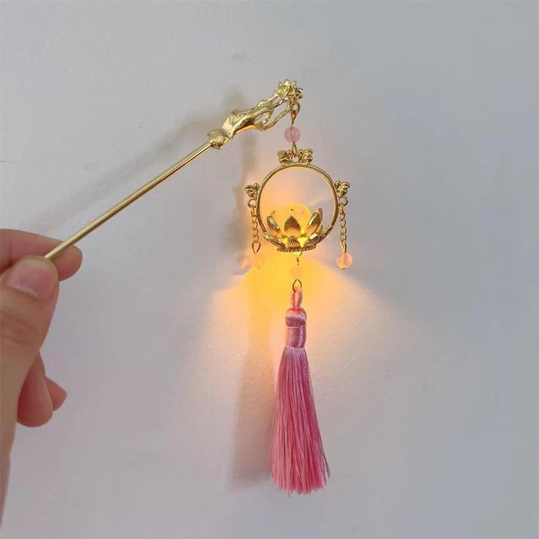 Vintage Lotus Hair Sticks, Chinese Lantern Light Tassel Hairpins Glowing in the Dark Hair Pin Retro Hair Accessory for Women Girls (Pink)