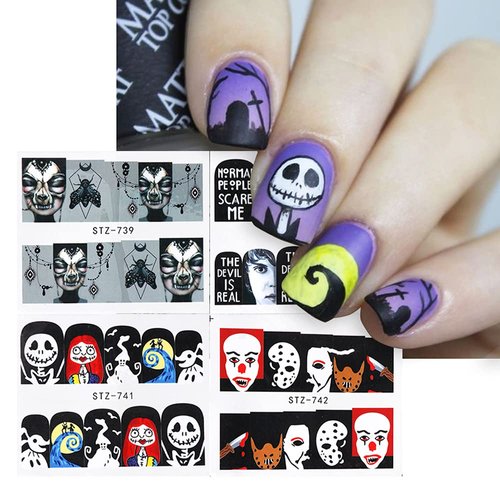XIELIME 24 Sheets Halloween Nail Stickers Day of The Dead Water Transfer Nail Decals Skull Ghost Eye Hulk Clown Witch DIY Nail Art Stickers Halloween Party Supply Fingernails Toenails Decoration