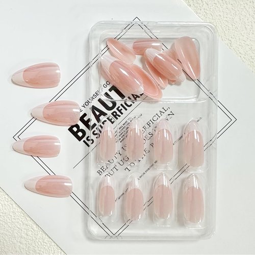 Pink French Tip Press on Nails Medium Almond Fake Nails Press ons with Chrome Designs Glossy Full Cover False Nails Mirror Cute Nail Tips Glue on Acrylic Nails for Women Manicure 24Pcs