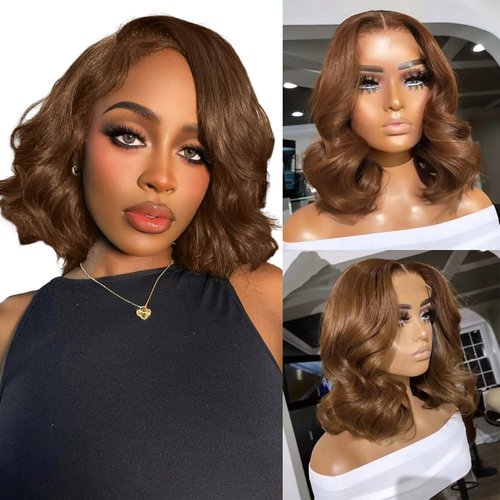 13x4 Bob Wig Human Hair Short Chocolate Brown HD Lace Front Wigs Human Hair with Baby Hair 180 Density Body Wave Frontal Human Hair Wigs Pre Plucked Hairline 4# Brown Wig 10 Inch