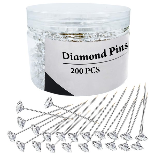 200Pcs Diamond Pins Corsage Boutonniere Pins, 2 Inch Flower Floral Sewing Pins, Straight Rhinestones Pins for Wedding Hair Accessories, Jewelry Decoration DIY Craft, Women and Men