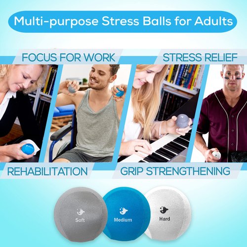 Serenilite 3X Hand Therapy Exercise Stress Ball Bundle for Adults, Grip Strengthening, Tri-Density Squeeze Balls, Hand Grip Strengthener, Soft, Medium & Hard