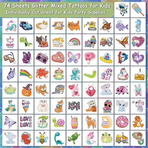 CHARLENT Glitter Temporary Tattoos for Kids - 74 Individually Sheets Mixed Tattoos for Kids Party Supplies
