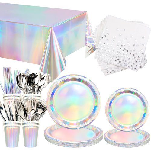 161Pack Iridescent Party Supplies, Holographic Party Tableware - Iridescent Cup Straws Napkins Forks Knives Spoons Iridescent Foil Tablecloths for Birthday Disco Wedding 80s Party, Serves 20 (20 Set)