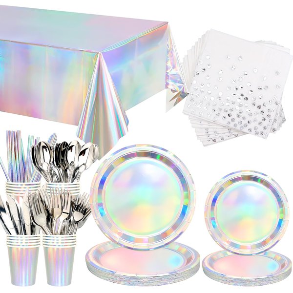 161Pack Iridescent Party Supplies, Holographic Party Tableware - Iridescent Cup Straws Napkins Forks Knives Spoons Iridescent Foil Tablecloths for Birthday Disco Wedding 80s Party, Serves 20 (20 Set)