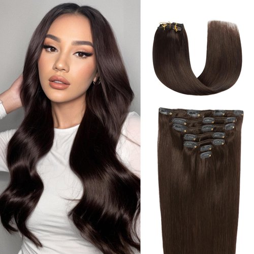 JESSBO Hair Extensions Real Human Hair Clip ins Dark Brown Real Hair Extensions Clip ins Brown Human Hair Extensions For Women Straight Double Weft 18 inch 7pcs 120g