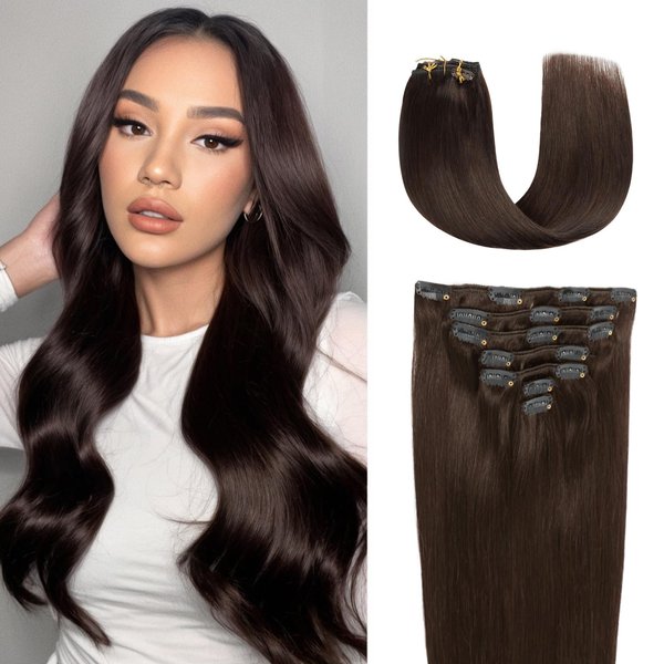 JESSBO Hair Extensions Real Human Hair Clip ins Dark Brown Real Hair Extensions Clip ins Brown Human Hair Extensions For Women Straight Double Weft 18 inch 7pcs 120g