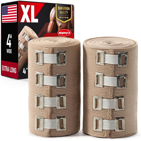 Premium Elastic Bandage Wrap - 2Pack + 4 Extra Clips - 4” Wide - [Extra Long] - 9ft not Stretched - Compression Bandage Wrap - Knee, Elbow, Body Wrap