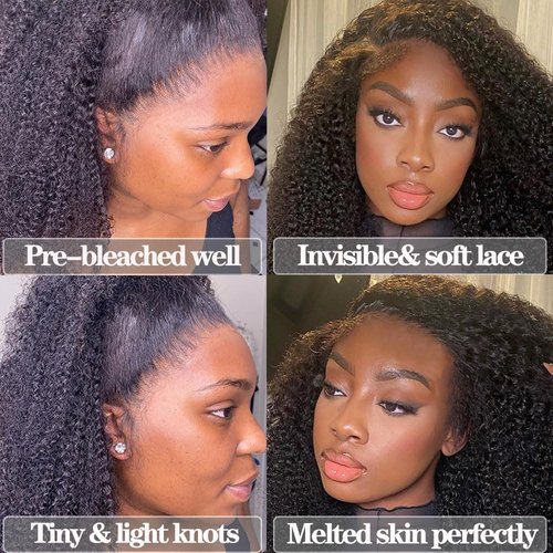 Afro Kinky Curly Human Hair Wigs 180% Density 13x4 Lace Front Wigs Human Hair Tiny Knots Pre Plucked Bleached Knots Kinky Curly Afro Lace Front Wig Short Curly Bob Wig With Black Band (18inches)