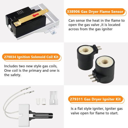 338906 Gas Dryer Flame Sensor 279834 Gas Valve Solenoid Coils 279311 Igniter Kit by Blutoget- Gas Dryer Repair Kit - Fit for Whirlpool Ken-More Dryers- Replaces WP338906 AP3094251 PS334310