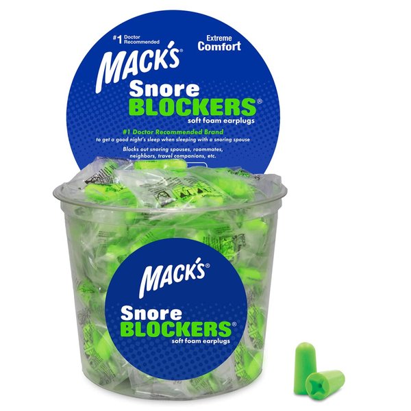 Mack's Snore Blockers Soft Foam Earplugs, 100 Pair Tub – Individually Wrapped – 32 dB High NRR, 37 dB SNR – Comfortable Ear Plugs for Sleeping, Snoring, Loud Noise and Travel