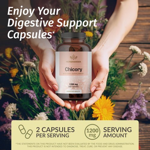 HERBAMAMA Chicory Inulin Capsules - 1200 mg Chicory Root for Digestive Health - Inulin Prebiotic Fiber Gut Cleanse Supplement - Vegan, Non-GMO - 250 Caps