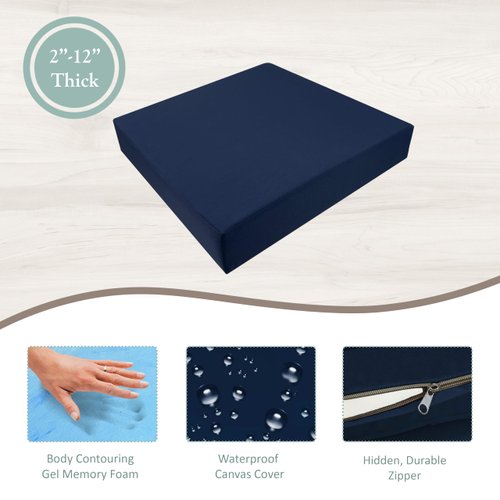 FoamRush 2" x 10" x 10" Gel Memory Foam Seat Cushion with Water Resistant Indoor/Outdoor Canvas Cream Cover with Zip, Upholstery Foam Cushion, Couch Cushion Replacement, Chair Cushion, Plush Support