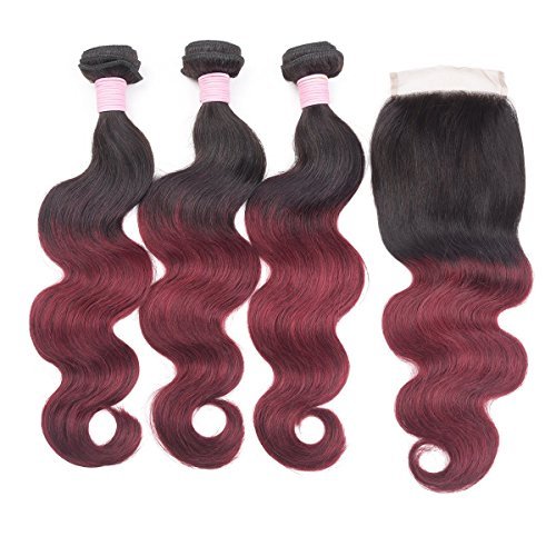 Feelgrace Hair Ombre Brazilian Body Wave Bundles with Closure 4x4 Free Part Two Tone Ombre Human Hair Weave 1B/99J Ombre Remy Hair Extension 14 16 18 with 12