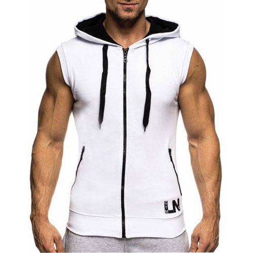 LemonGirl Mens Bodybuilding Sleeveless Hoodie Gym Tank Top,Medium,White