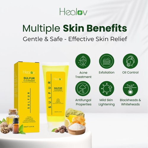 Healov Sulfur Soap – Sulfur Face & Body Wash for Acne – Sulphur Exfoliating Facial Cleanser Absorbs Excess Oil, Reduces Breakouts, & Cleanses Skin – Natural Cystic Acne, Rosacea Skin Care Treatment