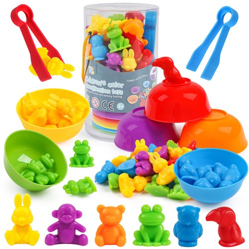 GKDOMS Counting Animals Toys Matching Game with Sorting Bowls Preschool Learning Activities Montessori Sensory Toys for Math Color Sorting, Party Favors Birthday Gifts for Kids - Zoo