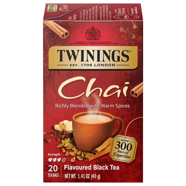 Twinings Chai Individually Wrapped Black Tea Bags, Sweet, Savoury Spices, Caffeinated, 20 Count (Pack of 6)