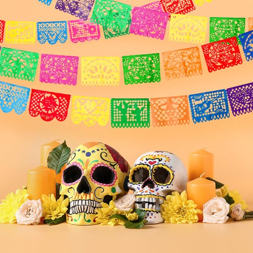 4 Packs Mexican Party Banner 60 Feet Fiesta Banner Plastic Papel Picado Banner Cinco de Mayo Dia De Los Muertos Decor Day of the Dead Decorations Mexican Fiesta Themed Party Decorations Supplies