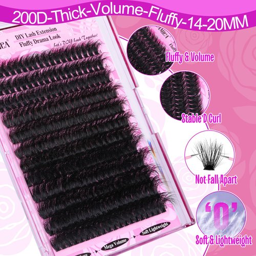 Yawamica Fluffy Lash Clusters Thick 200D Volume Eyelash Clusters 14-20mm Wispy Individual Lashes D Curl Cluster Eyelash Extensions 240pcs DIY Lash Extension for Beginners