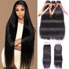 ALLRUN Straight Bundles with Closure Human Hair 22 24 26Inch+20 Closure 100% Unprocessed Brazilian Straight Virgin Human Hair 3 Bundles with 4x4 HD Lace Closure Free Part Deals Human Hair Extensions