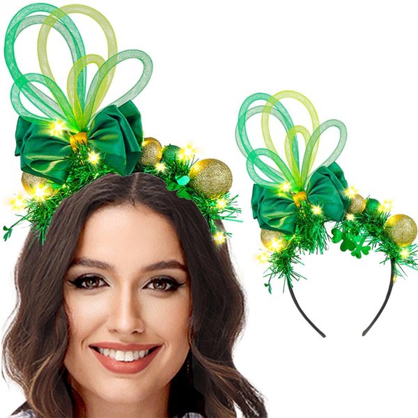 Gangel Light Up St Patricks Day Headbands Green Bow LED Hairband Sparkly Bows Hair Hoop Glitter Shamrock Hair Accessories for Women (C)
