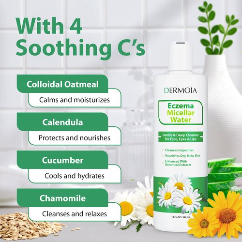 DERMOIA Eczema Micellar Water - Gentle Facial Cleanser & Makeup Remover for Dry & Itchy Skin - Hydrating Micellar Cleansing Water with Soothing Colloidal Oatmeal & Cucumber (12 fl oz)