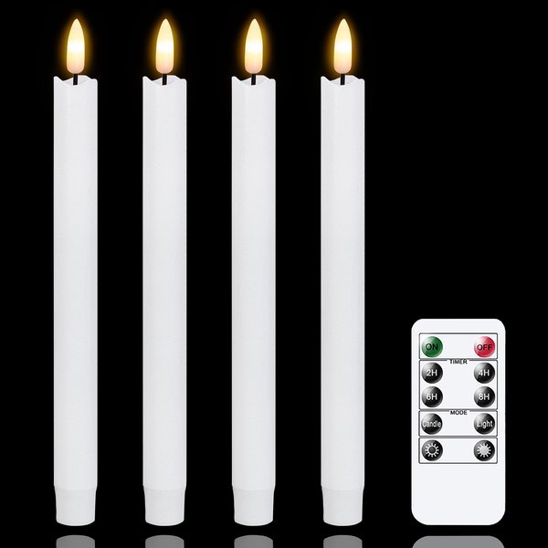 Mavandes Flameless Taper Candles with Remote Timer,White LED Battery Operated Flickering Pack of 4 Window Candles,Real Wax Warm Fire 3D-Wick Flameless Candlesticks,Wedding Home Decor(0.78” x 9.64”)