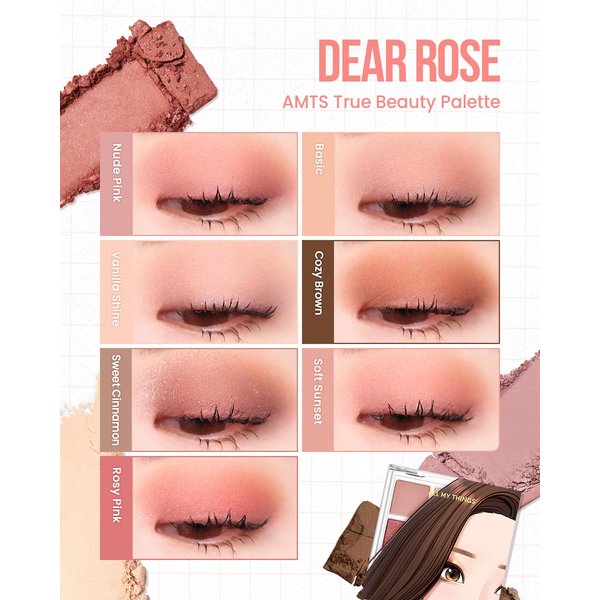 AMTS True Beauty Dear Rose Eyeshadow Palette, Matte Shimmer Glitter Highly Pigmented, Long Lasting, Cheek blush, K Beauty, Korean makeup