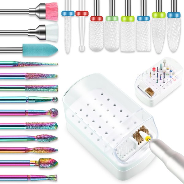 21pcs Nail Drill Bits Sets with Nail Drill Holder Case, 3/32 Inch Diamond Cuticle Electric Nail File & Ceramic Acrylic Gel Nail Bit Kit, Carbide Cuticle Remover Bits for Manicure Pedicure, Home Salon