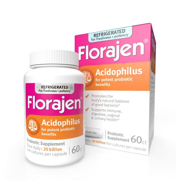 Florajen Acidophilus Probiotics, Gut Health, Vaginal Health, and Immune Support Supplement, Constipation and Bloating Relief for Adults, 60 Capsules (Refrigerated)