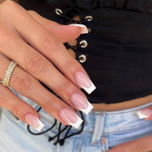 Medium Press on Nails Square Fake Nails, Glue on Nails Medium False Nails with White French Tip Nails Gloss Press ons Designs Acrylic Nails Press on Artificial Nails Stick on Nails For Women 24Pcs