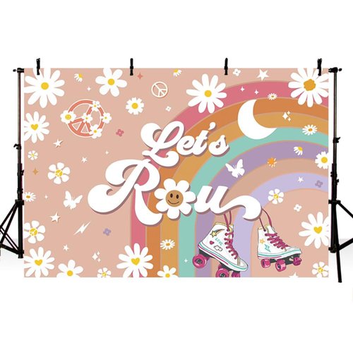 Let's Roll Theme Backdrop Groovy Rainbow Roller Skate Photography Backgroud Lets Roll Skate Party Decors for Roller Skate Girl Birthday Party Decorations Cake Table Banner (7x5ft)